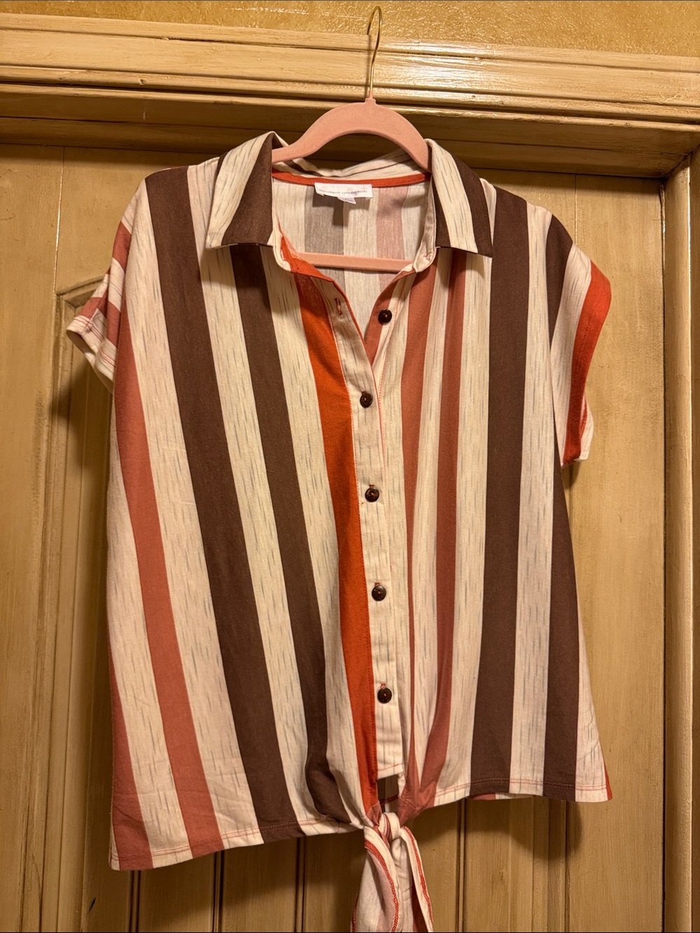 Tie-Front Striped Button-Down Shirt in Brown, Cream & Orange